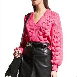 Iro Awry Warm Pink Chunky Cable Knit V Neck Sweater